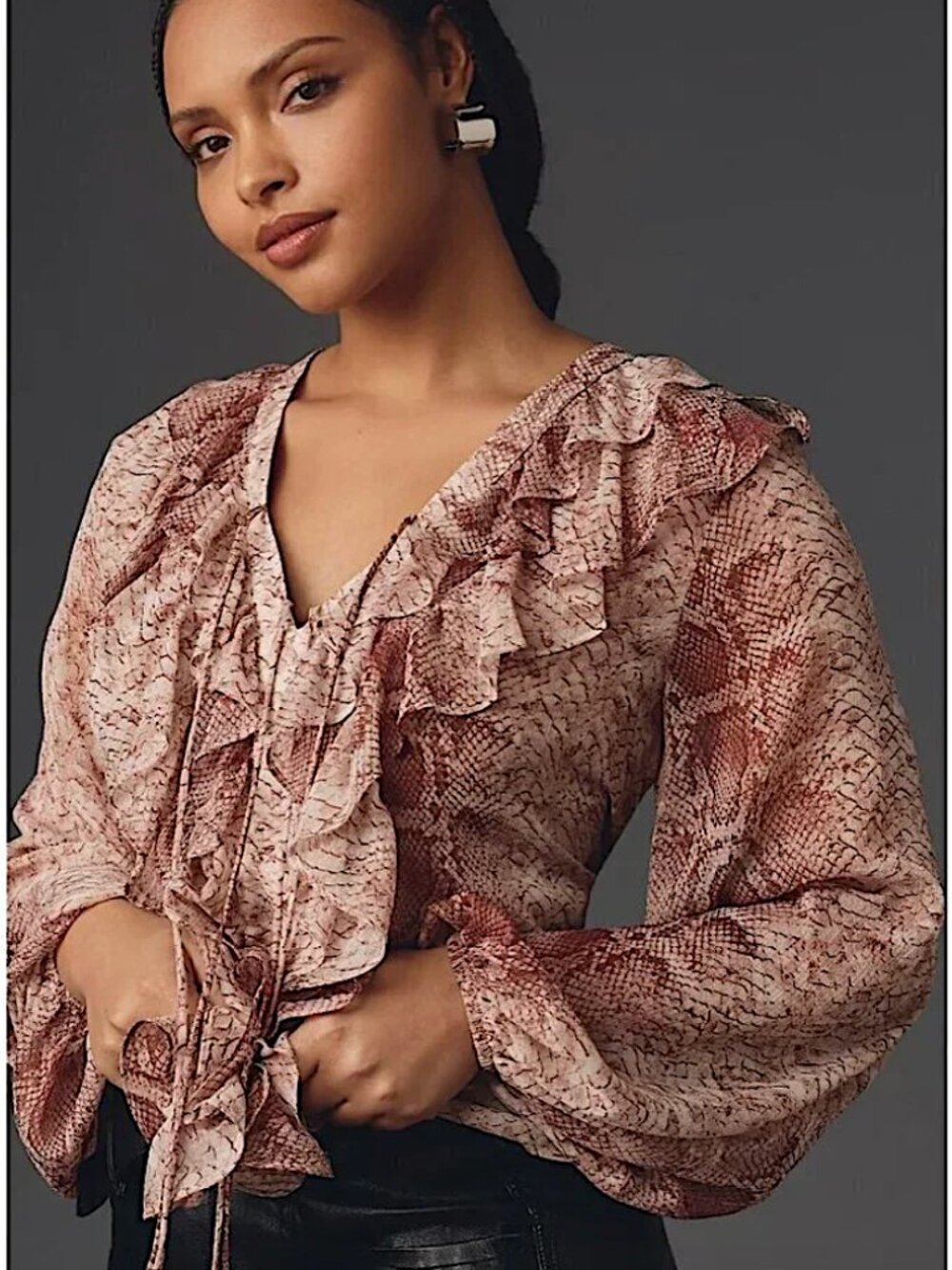 ANTHROPOLOGIE Long Sleeve Ruffled Snakeskin Print Blouse Brown